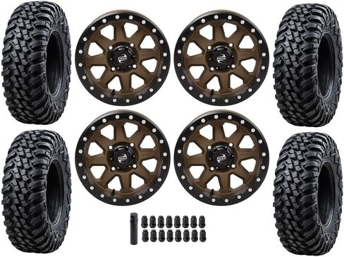 مجموعة Tusk مكونة من إطارات Tusk TERRABITE شديدة التحمل ذات 8 طبقات UTV مقاس 32x10-15 على عجلات UINTA Beadlock - متوافقة مع نمط مسمار HONDA TALON 1000 UTVs 4/137 يتضمن صواميل العروة (5+2 إزاحة عجلة، برونزية) in Saudi Arabia