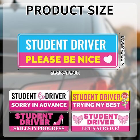 5pcs Student Driver Magnet, Cute Pink Student New Driver Magnetic Car Magnet Please Be Nice Trying My Best Decal Reflective Bumper Sticker Rookie Safety Novice Beginner Warning Sign for Car Learner in Saudi Arabia