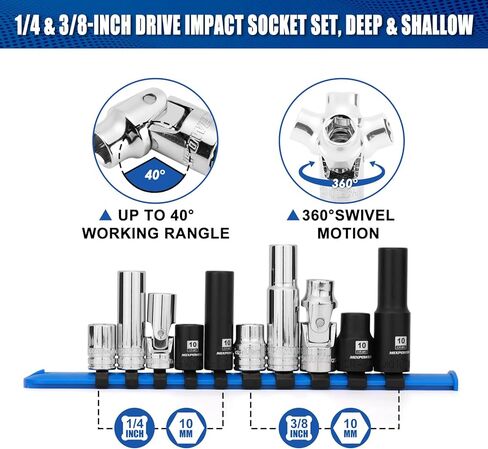 MIXPOWER 10 PCS 1/4" & 3/8" Drive 10mm 6 Point Single Size Socket Set, Universal Joint, Deep& Standard Socket Set in Saudi Arabia