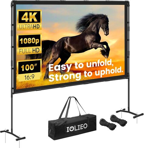 2024 Upgraded Portable Projector Screen - Black Backing,100-A Straight Edges, Foldable, Washable and Wrinkle-Free - for Indoor Home Theater and Outdoor Cinema - 100 inch White 16:9 by IOLIEO in Saudi Arabia