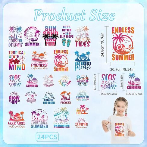 Summer Iron on Transfers for T-Shirts, 24 Pcs Sunset DTF Transfers Ready to Press, Family Vacation leton Iron on Patch Decals, Heat Transfer Vinyl for Bag Clothing DIY Craft in Saudi Arabia