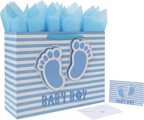 16.5'' Extra Large Baby Boy Gift Bag Set with Handles, Greeting Card, Blue Tissue Papers and Stickers for Boys Kids for Baby Shower, Boys' Birthday Party, Newborn, New Moms, Little One, 1st Baby, 3D Footprints Design, 1 Pcs in Saudi Arabia
