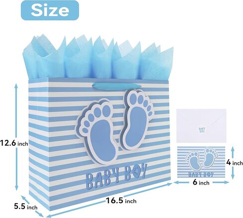 16.5'' Extra Large Baby Boy Gift Bag Set with Handles, Greeting Card, Blue Tissue Papers and Stickers for Boys Kids for Baby Shower, Boys' Birthday Party, Newborn, New Moms, Little One, 1st Baby, 3D Footprints Design, 1 Pcs in Saudi Arabia