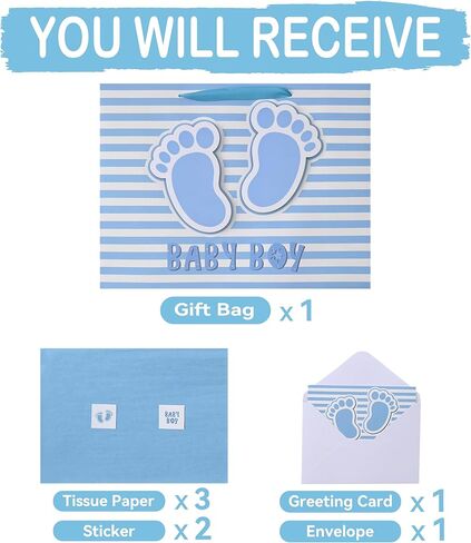 16.5'' Extra Large Baby Boy Gift Bag Set with Handles, Greeting Card, Blue Tissue Papers and Stickers for Boys Kids for Baby Shower, Boys' Birthday Party, Newborn, New Moms, Little One, 1st Baby, 3D Footprints Design, 1 Pcs in Saudi Arabia