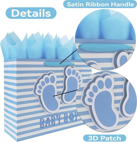 16.5'' Extra Large Baby Boy Gift Bag Set with Handles, Greeting Card, Blue Tissue Papers and Stickers for Boys Kids for Baby Shower, Boys' Birthday Party, Newborn, New Moms, Little One, 1st Baby, 3D Footprints Design, 1 Pcs in Saudi Arabia