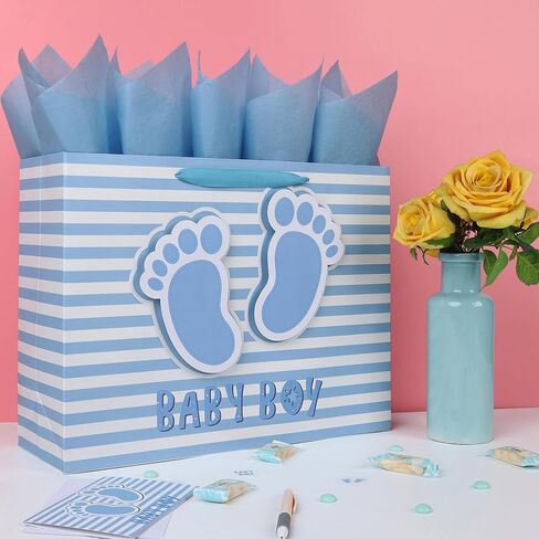 16.5'' Extra Large Baby Boy Gift Bag Set with Handles, Greeting Card, Blue Tissue Papers and Stickers for Boys Kids for Baby Shower, Boys' Birthday Party, Newborn, New Moms, Little One, 1st Baby, 3D Footprints Design, 1 Pcs in Saudi Arabia