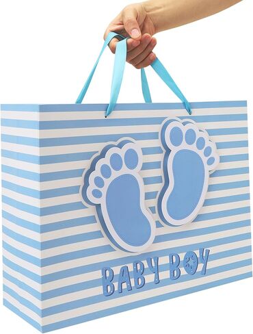 16.5'' Extra Large Baby Boy Gift Bag Set with Handles, Greeting Card, Blue Tissue Papers and Stickers for Boys Kids for Baby Shower, Boys' Birthday Party, Newborn, New Moms, Little One, 1st Baby, 3D Footprints Design, 1 Pcs in Saudi Arabia