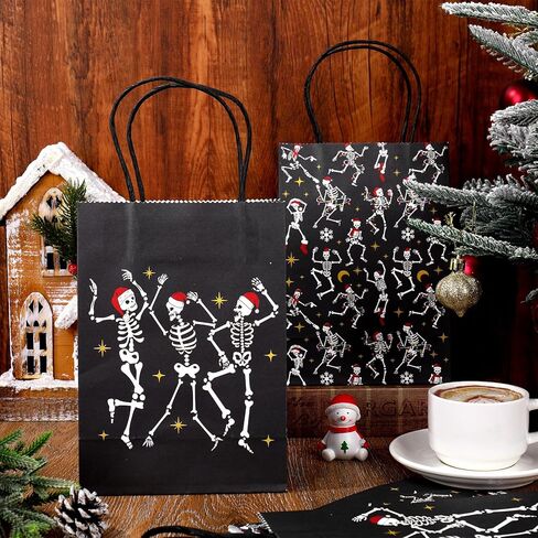 JarThenaAMCS 24Pcs Gothic Christmas Gift Bags with Handles Black Dancing Skeleton Candy Goodie Bags for Xmas Gothic Party Favors Supplies in Saudi Arabia