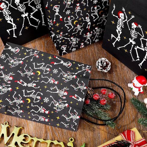 JarThenaAMCS 24Pcs Gothic Christmas Gift Bags with Handles Black Dancing Skeleton Candy Goodie Bags for Xmas Gothic Party Favors Supplies in Saudi Arabia