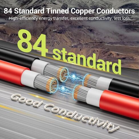 سلك لوحة شمسية 10AWG، كابل تمديد شمسي 2 × 50 قدم 6 مم² أحمر وأسود 84 جديلة من الأسلاك الكهروضوئية النحاسية المعلبة، XLPE معزول مقاوم للحريق والأشعة فوق البنفسجية للنظام الكهروضوئي خارج الشبكة RVs والقوارب والسيارات in Kuwait