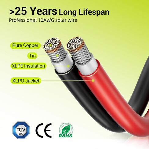 سلك لوحة شمسية 10AWG، كابل تمديد شمسي 2 × 50 قدم 6 مم² أحمر وأسود 84 جديلة من الأسلاك الكهروضوئية النحاسية المعلبة، XLPE معزول مقاوم للحريق والأشعة فوق البنفسجية للنظام الكهروضوئي خارج الشبكة RVs والقوارب والسيارات in Kuwait
