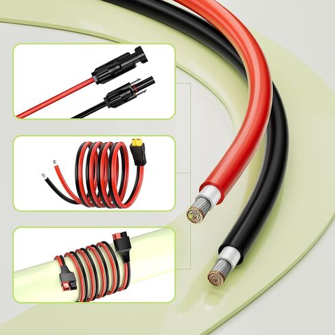 سلك لوحة شمسية 10AWG، كابل تمديد شمسي 2 × 50 قدم 6 مم² أحمر وأسود 84 جديلة من الأسلاك الكهروضوئية النحاسية المعلبة، XLPE معزول مقاوم للحريق والأشعة فوق البنفسجية للنظام الكهروضوئي خارج الشبكة RVs والقوارب والسيارات in Kuwait