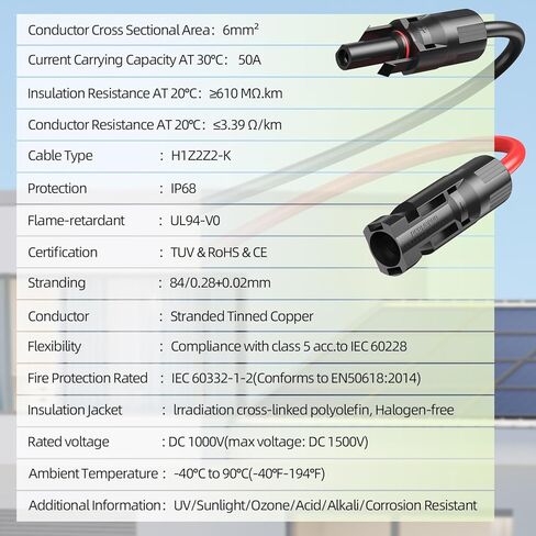 سلك لوحة شمسية 10AWG، كابل تمديد شمسي 2 × 50 قدم 6 مم² أحمر وأسود 84 جديلة من الأسلاك الكهروضوئية النحاسية المعلبة، XLPE معزول مقاوم للحريق والأشعة فوق البنفسجية للنظام الكهروضوئي خارج الشبكة RVs والقوارب والسيارات in Kuwait
