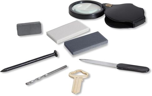مجموعة معرف معدنية - 7 قطع - تتضمن لوحة خطية، مغناطيس، مسمار، نحاس، عدسة يد قابلة للسحب، مبرد أظافر، لقمة ثقب من السبائك لفصول الجيولوجيا والتحليل الميداني in Kuwait