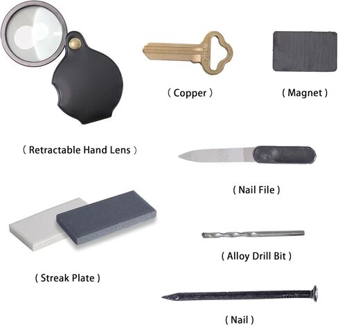 مجموعة معرف معدنية - 7 قطع - تتضمن لوحة خطية، مغناطيس، مسمار، نحاس، عدسة يد قابلة للسحب، مبرد أظافر، لقمة ثقب من السبائك لفصول الجيولوجيا والتحليل الميداني in Kuwait
