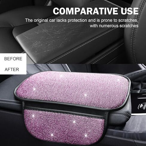 1 PC Bling Car Armrest Console Cushion, Fashionable Diamond Armrest Cover with Two Storage Bags, Crystal Soft Arm Rest Protective Cushion, Universal for Women, Ladies and Girls (White) in Kuwait