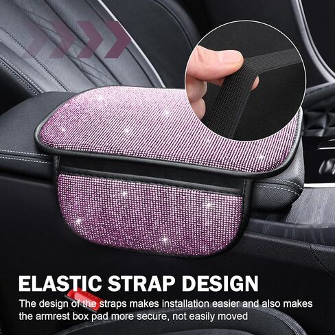 1 PC Bling Car Armrest Console Cushion, Fashionable Diamond Armrest Cover with Two Storage Bags, Crystal Soft Arm Rest Protective Cushion, Universal for Women, Ladies and Girls (White) in Kuwait
