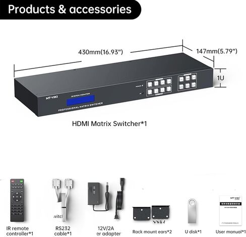 MT-VIKI 4K HDMI Matrix Switch 8X8 w/Web GUI & Audio Extraction w/Remote, 4K@30Hz, Rack Mount Switcher & Splitter, EDID, RS232, LAN Port, APP, Fit 1U 19'' Rack for Conference Room, Church, Bar in Kuwait