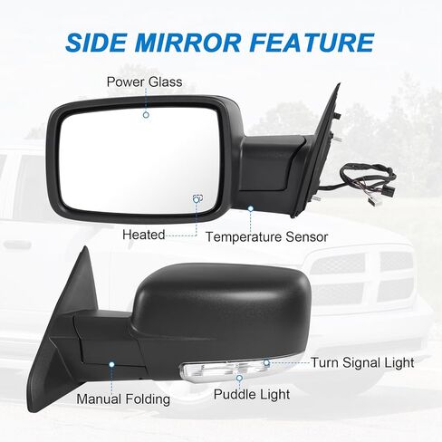 JDMSPEED Right Passenger Side Door Mirror Compatible with 2009-2018 Ram 1500 2010-2018 Ram 2500 3500 with Heated Power Glass Turn Signal Puddle Light(9 Pins) in Saudi Arabia