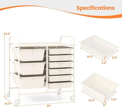 9 Drawer Rolling Storage Cart, Craft Art Drawer Organizer for Supplies Tool Paper, Mobile Utility Cart on Wheels for Classroom Teacher Office Home School (White) in Saudi Arabia