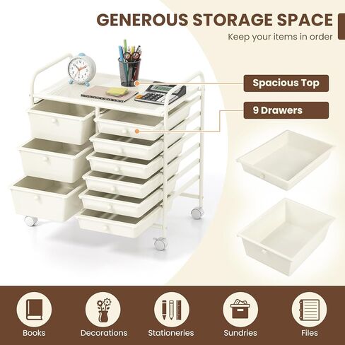 9 Drawer Rolling Storage Cart, Craft Art Drawer Organizer for Supplies Tool Paper, Mobile Utility Cart on Wheels for Classroom Teacher Office Home School (White) in Saudi Arabia