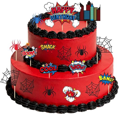 17pcs Spider Theme Birthday Cake Toppers, Spider Web Cupcake Picks Happy Birthday City Cardstock Decorations for Kids Boys Men Baby Shower Halloween Comic Style Party Supplies in Saudi Arabia