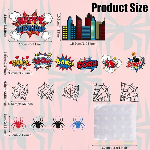17pcs Spider Theme Birthday Cake Toppers, Spider Web Cupcake Picks Happy Birthday City Cardstock Decorations for Kids Boys Men Baby Shower Halloween Comic Style Party Supplies in Saudi Arabia