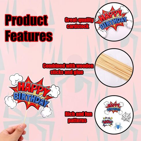17pcs Spider Theme Birthday Cake Toppers, Spider Web Cupcake Picks Happy Birthday City Cardstock Decorations for Kids Boys Men Baby Shower Halloween Comic Style Party Supplies in Saudi Arabia