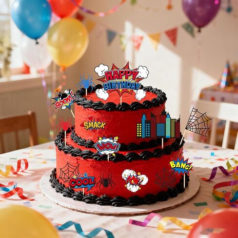 17pcs Spider Theme Birthday Cake Toppers, Spider Web Cupcake Picks Happy Birthday City Cardstock Decorations for Kids Boys Men Baby Shower Halloween Comic Style Party Supplies in Saudi Arabia