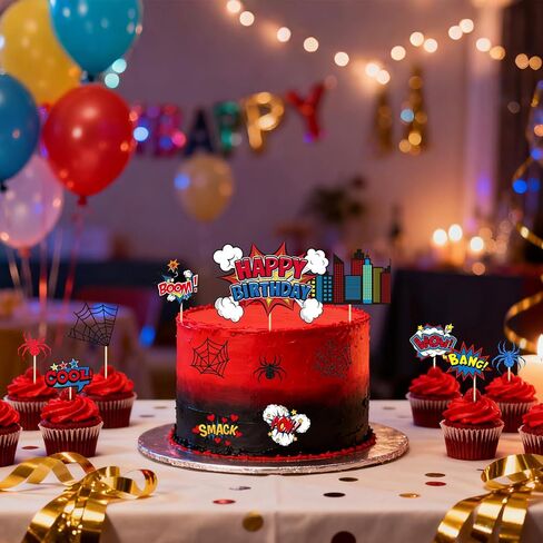 17pcs Spider Theme Birthday Cake Toppers, Spider Web Cupcake Picks Happy Birthday City Cardstock Decorations for Kids Boys Men Baby Shower Halloween Comic Style Party Supplies in Saudi Arabia