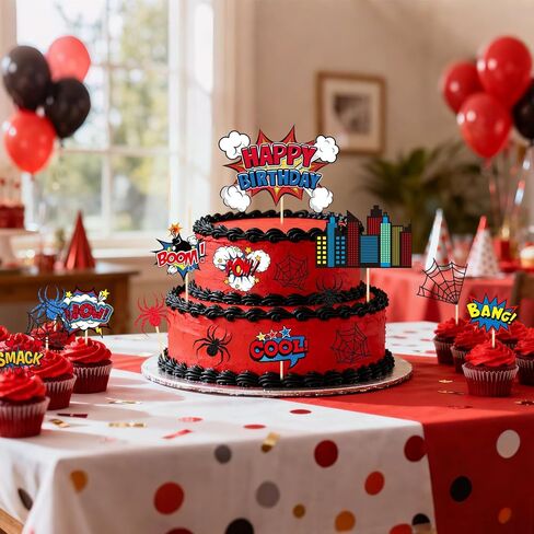 17pcs Spider Theme Birthday Cake Toppers, Spider Web Cupcake Picks Happy Birthday City Cardstock Decorations for Kids Boys Men Baby Shower Halloween Comic Style Party Supplies in Saudi Arabia