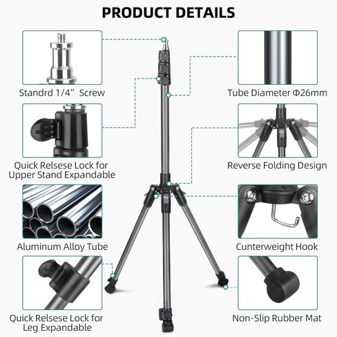 Extendable Tripod Aluminum, Portable Adjustable Light Stand with 1/4" Screw Phone Holder & Remote, Ball Head Camera Phone Tripod for Camera iPhone Video Light Smartphone, Lightweight for Travel in Kuwait