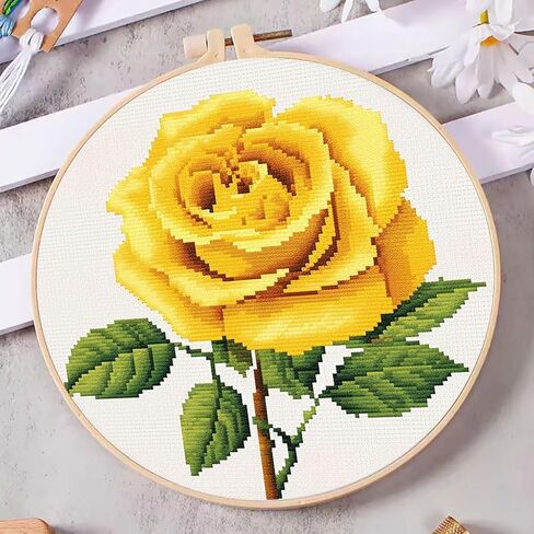 مجموعة غرز متقاطعة ذاتية الصنع وردة صفراء مع طوق 11CT تطريز بالإبرة مختومة مجموعة غرز متقاطعة ديكور حائط حرفي 20 × 20 سم-4 in Saudi Arabia