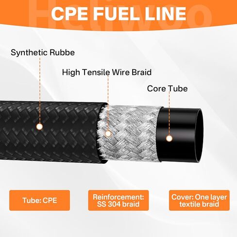خط الوقود 6AN، خرطوم الوقود المضفر AN6 من النايلون CPE، خطوط نقل الحركة/مبرد الزيت، 20 قدم أسود in Kuwait