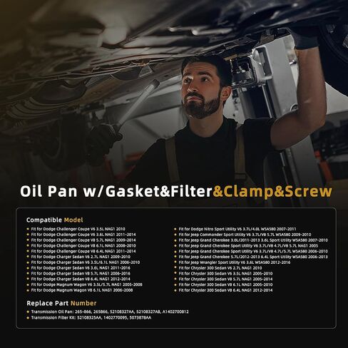 Transmission Oil Pan Kit w/Trans Oil Filter Fit for NAG1 W5A580 Transmission, Fit for Dodge Challenger/Charger/Magnum/Nitro, Fit for Jeep Wrangler/Grand Cherokee/Commander, Fit for Chrysler 300 in Saudi Arabia