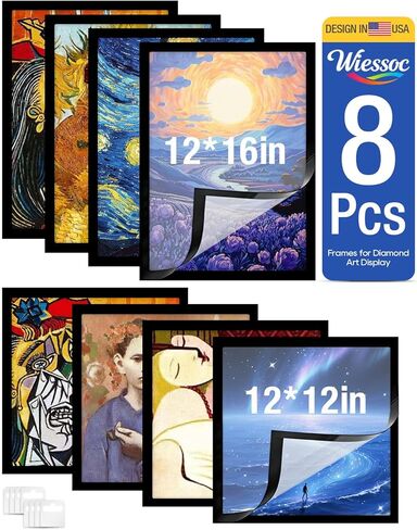 8 قطع إطارات فنية ماسية وإطارات رسم ماسية متنوعة - تتضمن 4 مقاس 12 × 16 بوصة و4 إطارات مغناطيسية ذاتية اللصق مقاس 12 × 12 بوصة لفن القماش، لا حاجة لأي أدوات لديكور باب الحائط المنزلي in Kuwait