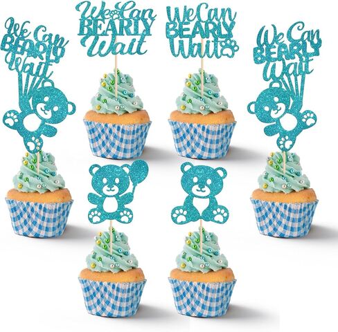 24Pcs Brown Baby Shower Cupcake Toppers Glitter Bear Design We Can Barely Wait Theme Cake Topper Cookies Dessert Charcuterie Board Snack Food Furit Picks for Gender Reveal Birthday New Born in Saudi Arabia