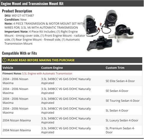 حامل محرك المحرك ومجموعة تركيب ناقل الحركة الأوتوماتيكي - متوافق مع 2004-2006 Nissan Maxima 3.5L V6 in Saudi Arabia