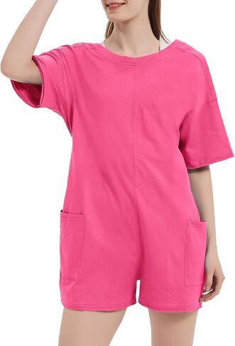 Flygo Women's Romper Short Sleeve Tee Rompers Crewneck Jumpsuit Back V Neck Casual Hot Shot One Piece Outfits with Pockets Black XL in Saudi Arabia