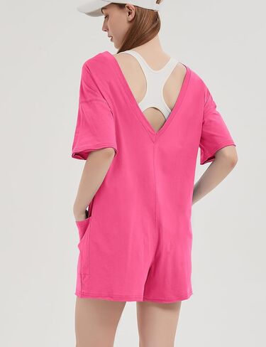 Flygo Women's Romper Short Sleeve Tee Rompers Crewneck Jumpsuit Back V Neck Casual Hot Shot One Piece Outfits with Pockets Black XL in Saudi Arabia