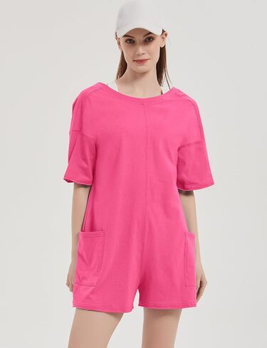 Flygo Women's Romper Short Sleeve Tee Rompers Crewneck Jumpsuit Back V Neck Casual Hot Shot One Piece Outfits with Pockets Black XL in Saudi Arabia