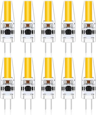 لمبة G4 LED 2 وات، 20 وات مكافئ هالوجين، أبيض دافئ 3000 ك، تيار متردد/تيار مستمر 12 فولت، مصابيح إضاءة قاعدة T3 JC ثنائية الدبوس لإضاءة عفريت تحت الخزانة، ثريا، إضاءة المناظر الطبيعية، 10 عبوات in Kuwait