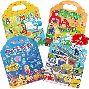 Jelly Sticker Books for Toddlers 2-4 Years, 4 Sets Reusable Sticker Books for Toddlers 1-3, Travel Toys Stickers Activity Book for Ages 2 3 4 5 6 Boy Girl Christmas Gifts (4Sets-Collection 1) in Kuwait