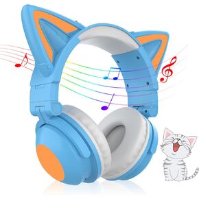 Cat Ear Bluetooth Headphones,Over Wired Ear Headphones with Built-in Mic,Foldable LED Wireless Headset,Cute Headphones for Kids, On-Ear Wireless Headphone Compatible with Phone/PC/Tablet/TV(Black) in Kuwait