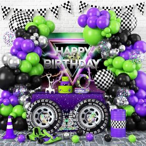 Truck Balloons Arch Kit,170Pcs Purple Black Green Metallic Silver Confetti Balloons Wheel Checkered Balloon for Kids Birthday Party,Monster Race Car Truck Theme Party Decorations Supplie in Saudi Arabia