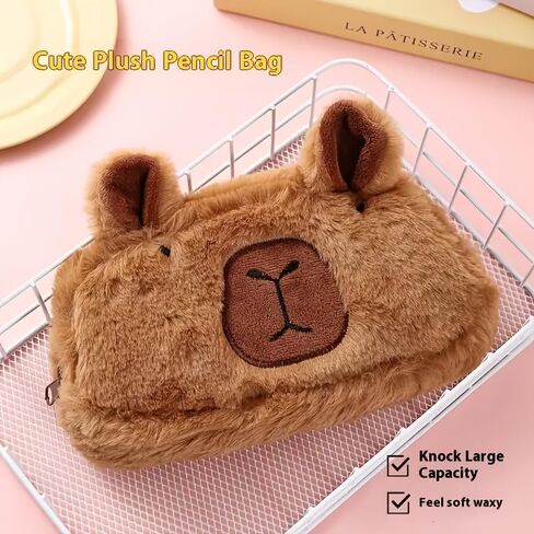 Large Plush Capybara Pencil Case, Funny Adorable Plush Pen Holder, Capybara Soft Stuffed Surface Fluffy Clothes Zipper Pencil Box Cute Desk Accessory Pouch Pen Bag in Saudi Arabia