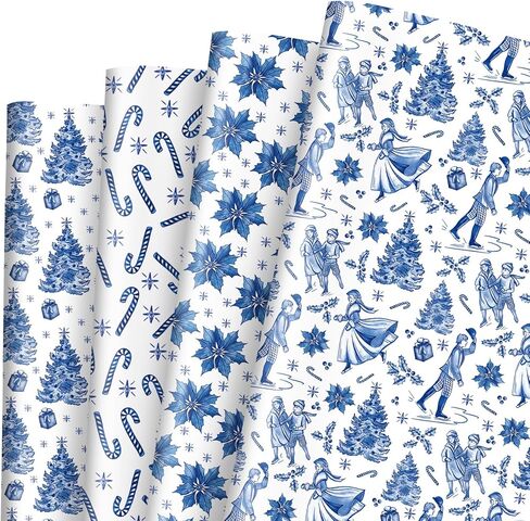 FYSUIMU 12 Sheets Christmas Wrapping Paper -Not Roll- Blue Xmas Tree Candy Cane Poinsettia Gift Wrap Paper Folded Flat Craft Paper for Party Supplies, 19.7 x 27.6 Inch in Saudi Arabia