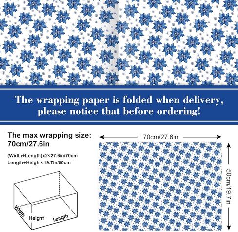 FYSUIMU 12 Sheets Christmas Wrapping Paper -Not Roll- Blue Xmas Tree Candy Cane Poinsettia Gift Wrap Paper Folded Flat Craft Paper for Party Supplies, 19.7 x 27.6 Inch in Saudi Arabia