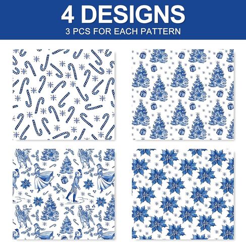 FYSUIMU 12 Sheets Christmas Wrapping Paper -Not Roll- Blue Xmas Tree Candy Cane Poinsettia Gift Wrap Paper Folded Flat Craft Paper for Party Supplies, 19.7 x 27.6 Inch in Saudi Arabia