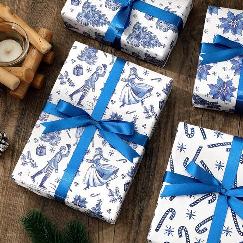 FYSUIMU 12 Sheets Christmas Wrapping Paper -Not Roll- Blue Xmas Tree Candy Cane Poinsettia Gift Wrap Paper Folded Flat Craft Paper for Party Supplies, 19.7 x 27.6 Inch in Saudi Arabia